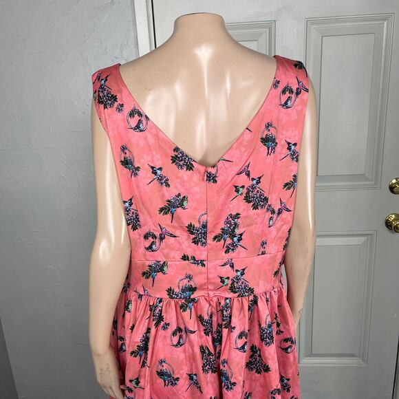 Lindy Bop Womens Dress 14 Fit Flare Pockets Retro Pinup Bird Dove Floral V3-21 - Picture 5 of 8